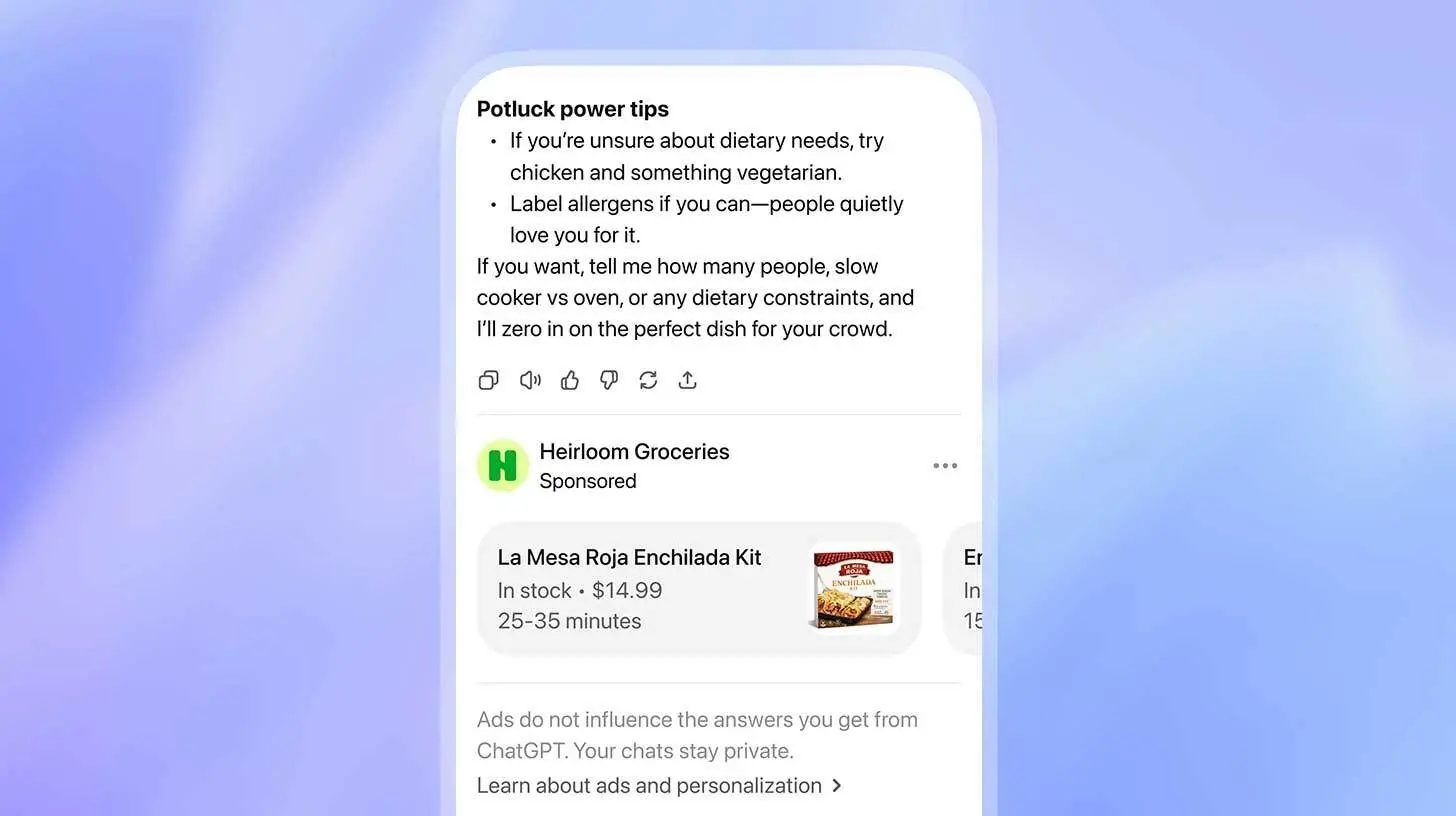  📢 OpenAI正式开始在ChatGPT中展示广告